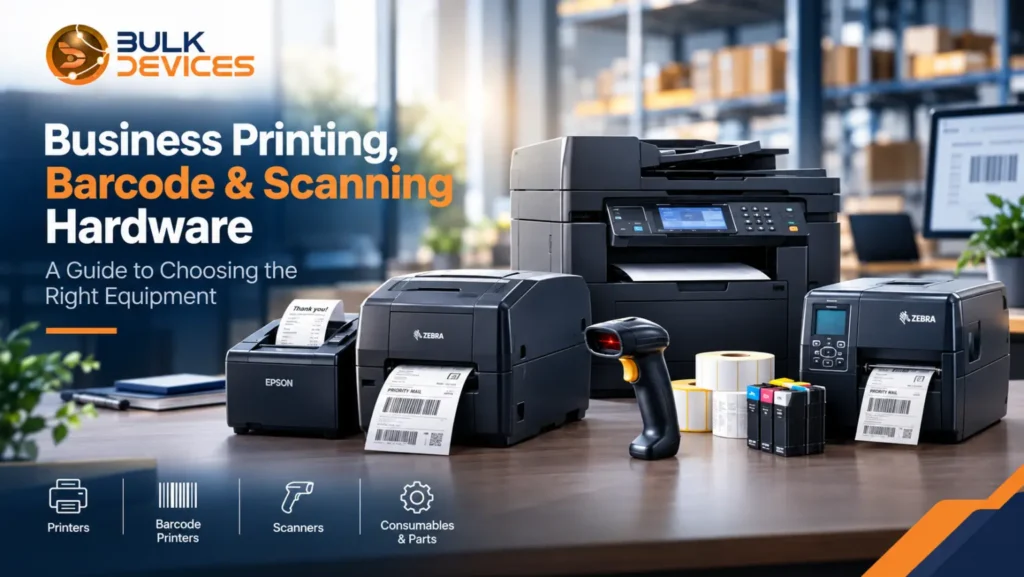 Business printing, barcode and scanning hardware including printers, Zebra label printers, scanner and consumables