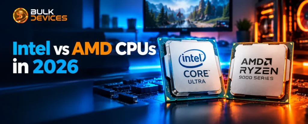 Intel Core Ultra and AMD Ryzen 9000 Series processors compared side by side in a gaming PC setup for an Intel vs AMD CPU comparison in 2026.